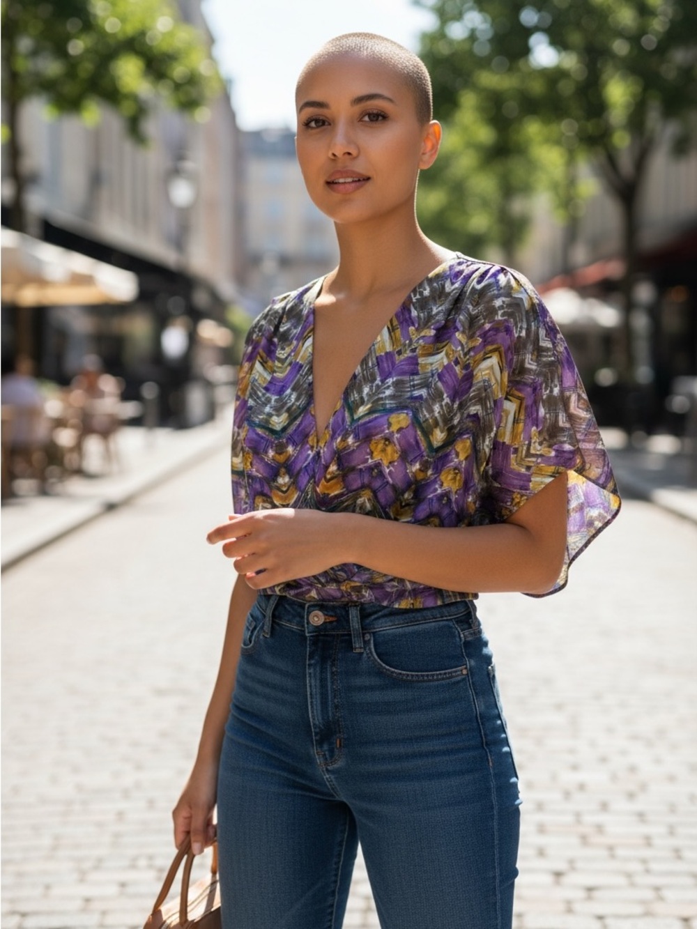 Anthropologie fei XS Multicolor Chevron V-Neck Blouse, Purple, Yellow and Green